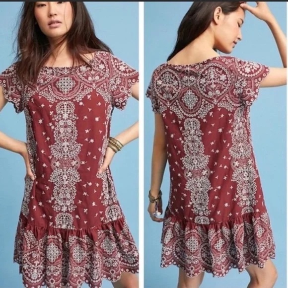 Anthropologie Feather Bone Burgundy & White Mini Dress XS - Picture 7 of 7